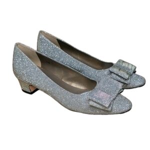 VANELi Austine Women's Pump Metallic Bow Silver Glitter Leather Kitten Heel 6.5N